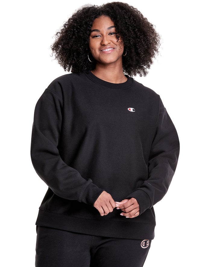 Champion Womens Sweatshirt NZ - Plus Reverse Weave Crew Black ( 2493-HXWPG )